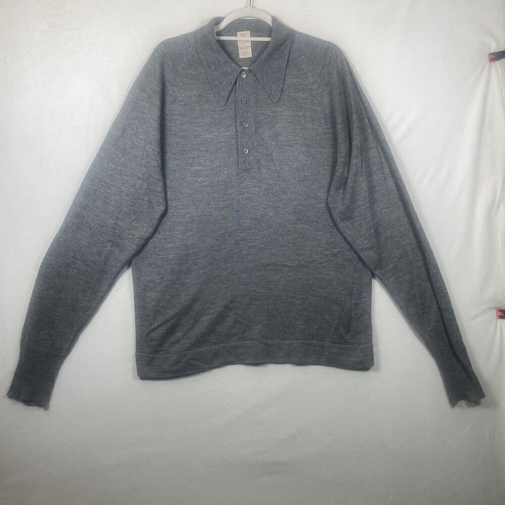 Vintage Lord Jeff Tall Fellow Gray Knit Polo Sweater Long Sleeve Made in USA